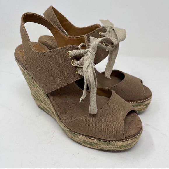 Tory Burch Linley Espadrille Wedges Platform Heels Women's 7 Olive Brown Lace Up - Picture 1 of 9